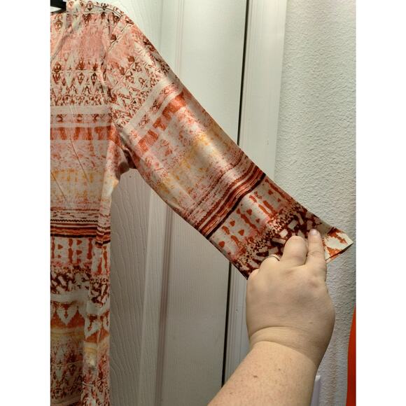 One World Women's Size Large Abstract Boho Embellished 3/4 Sleeves Top - Picture 4 of 6